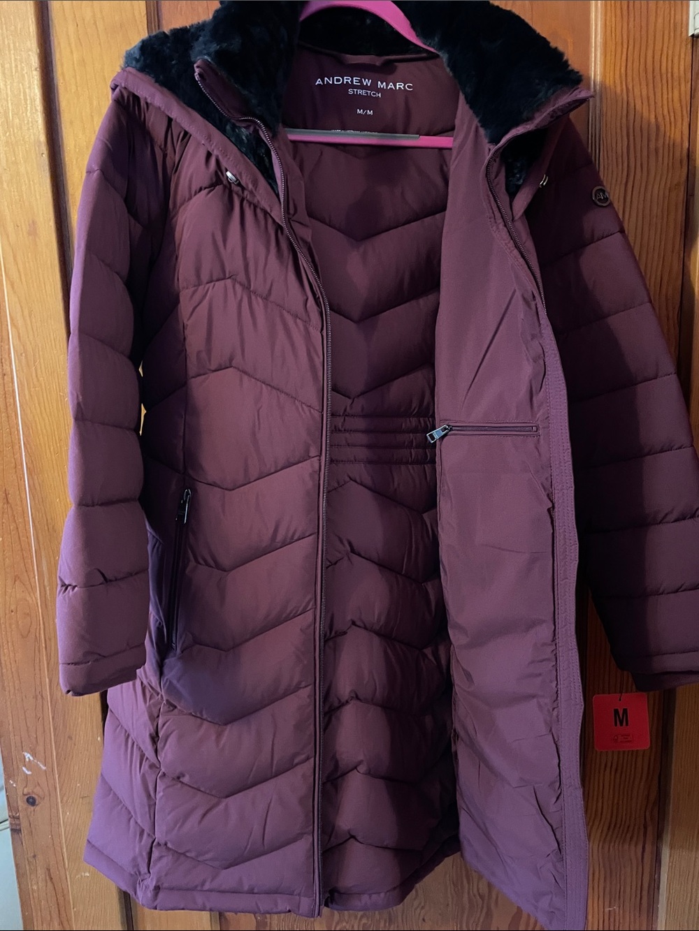 Andrew Marc Women's Maroon Quilted Long Puffer Coat with Faux-Fur Trim